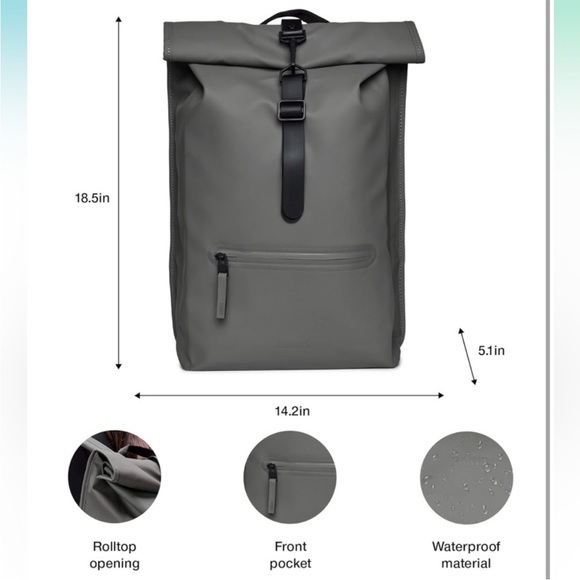 NWT Rains Waterproof Rolltop Rucksack Laptop Backpack In Metallic Grey - Picture 2 of 14